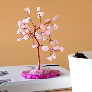 Arbre de Vie en Quartz Rose – 35 pierres sur base d’Agate Rose