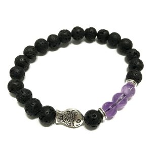 Bracelet élastique en pierre de lave noire et perles d’améthyste violette avec breloque poisson