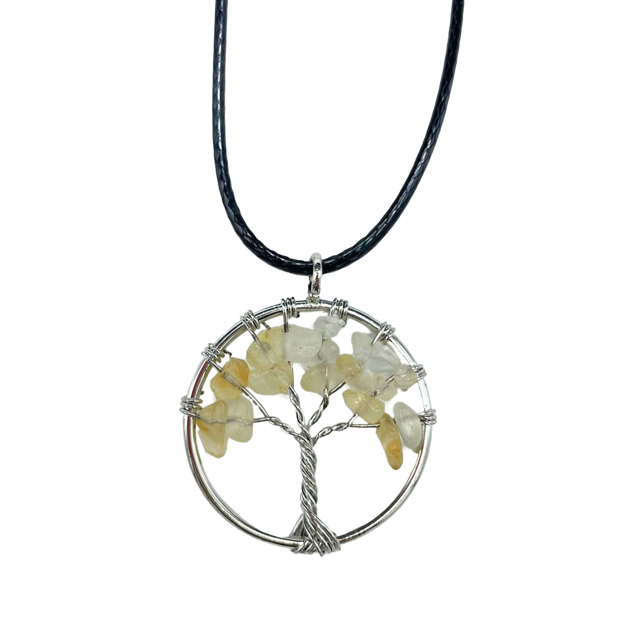 Collier arbre de vie en cornaline naturelle monture argentée avec cordon noir
