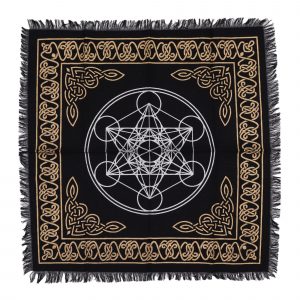 Tapis d’autel chakra noir à franges – Motif géométrique sacré