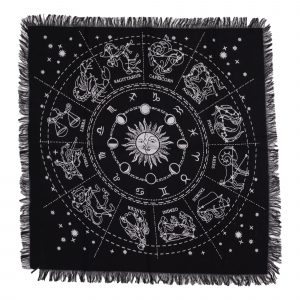 Tapis d’autel astrologique noir à franges – Roue du zodiaque