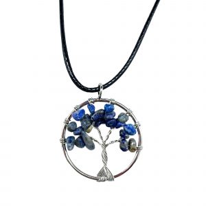 Collier arbre de vie en sodalite bleue naturelle avec cordon noir et monture argentée