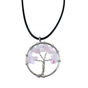 Collier arbre de vie en quartz rose naturel monture argentée avec cordon noir