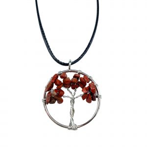 Collier arbre de vie en jaspe rouge naturel monture argentée avec cordon noir