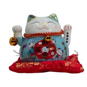 Maneki-neko bleu à patte mobile – Chat porte-bonheur sur coussin