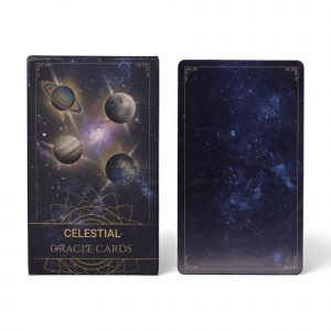 Jeu de cartes oracle énergie céleste illustré avec planètes et ciel étoilé pour tirage divinatoire