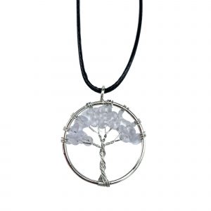 Collier arbre de vie en cristal de roche transparent monture argentée avec cordon noir