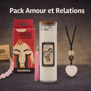 Pack Amour & Relations Lumen Arca — quartz rose, bougie rituelle, collier cœur, bougies roses