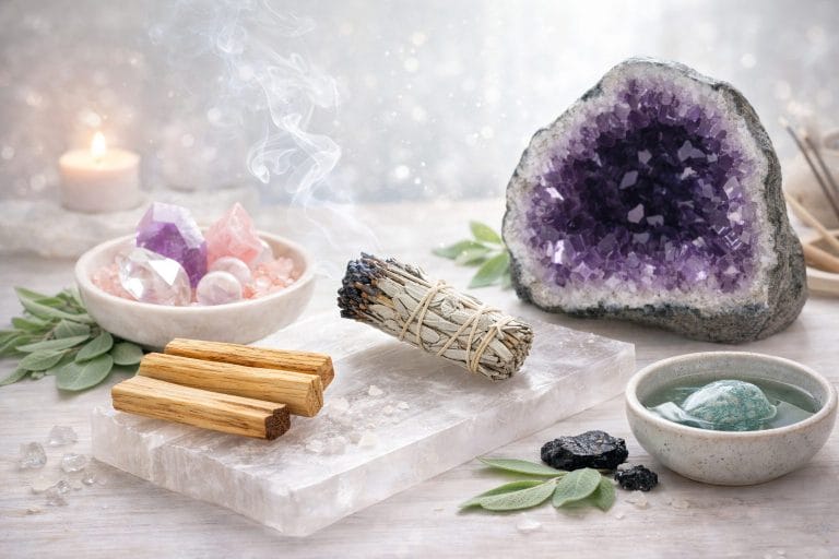 Purification des pierres naturelles avec géode d’améthyste, sauge blanche, palo santo et plaque de sélénite dans une ambiance douce et lumineuse
