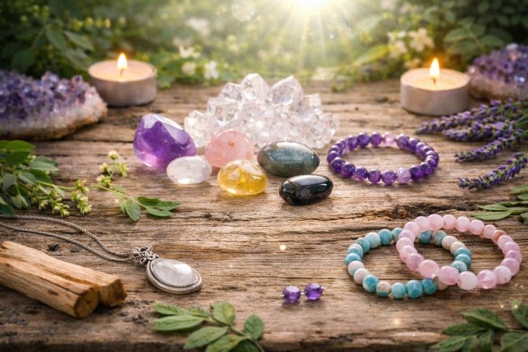 Rechargement des pierres naturelles avec bijoux en pierres, pierres roulées et amas de quartz sous la lumière naturelle