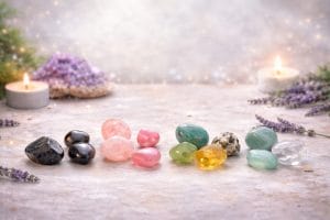 Choisir ses pierres naturelles selon son intention avec pierres roulées et cristaux disposés dans une ambiance douce et apaisante