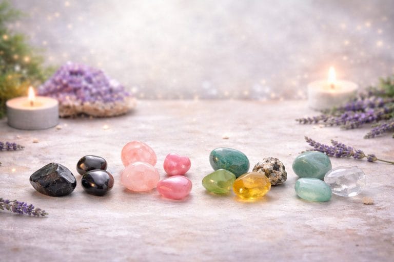 Choisir ses pierres naturelles selon son intention avec pierres roulées et cristaux disposés dans une ambiance douce et apaisante