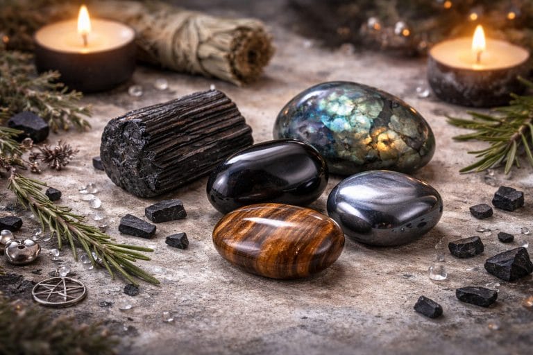 Pierres de protection naturelles avec tourmaline noire, obsidienne, labradorite, hématite et œil de tigre dans une ambiance ésotérique