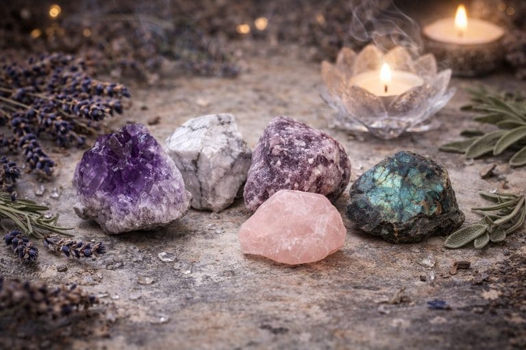 Pierres naturelles brutes contre le stress avec améthyste, howlite, lépidolite, quartz rose et labradorite dans une ambiance apaisante