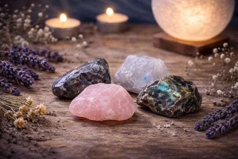 Pierres naturelles pour le sommeil avec quartz rose, hématite, labradorite et pierre de lune dans une ambiance apaisante