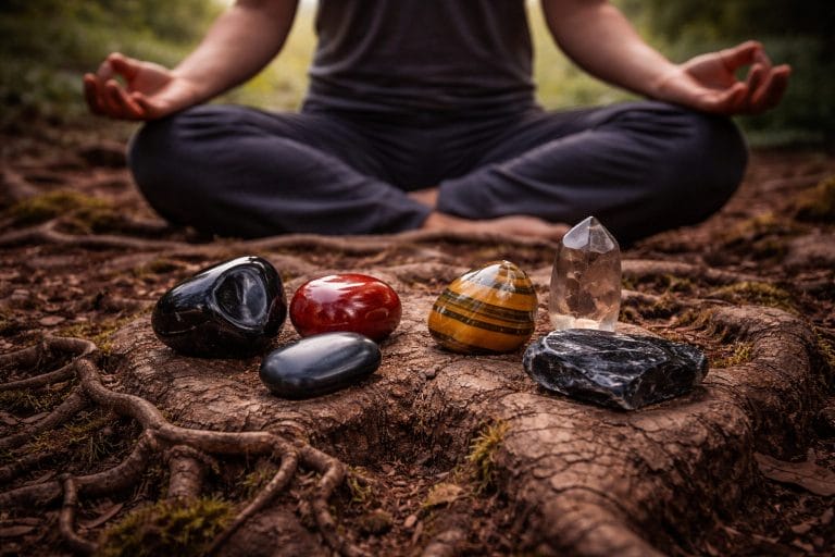 Pierres d’ancrage naturelles avec obsidienne noire, jaspe rouge, œil de tigre et quartz fumé posées sur des racines en pleine nature
