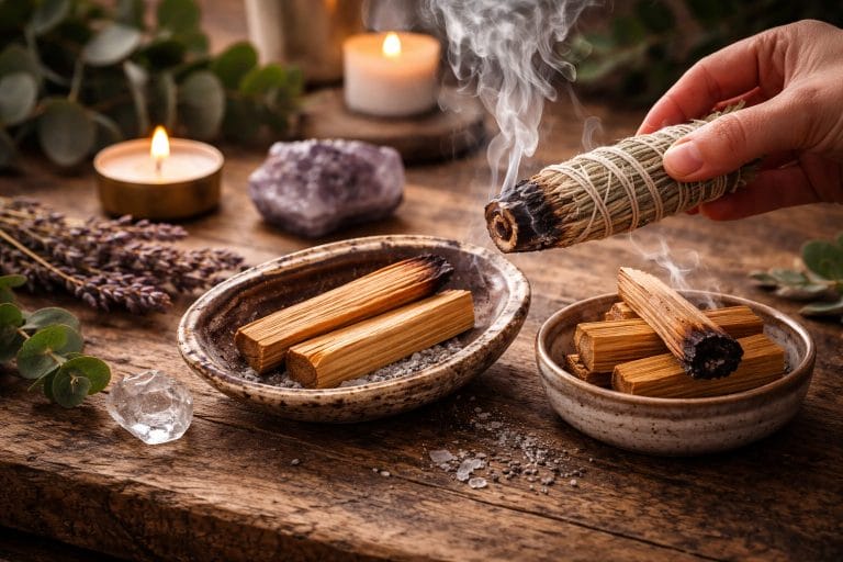 Purification énergétique avec sauge et palo santo dans un rituel de nettoyage d’espace avec fumée, cristaux et bougies