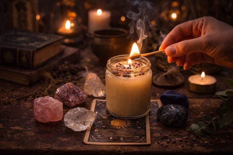 Bougie d’intention allumée avec cristaux dans une ambiance mystique et tamisée pour un rituel énergétique