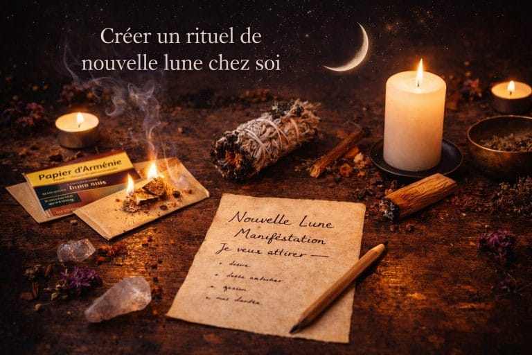 Rituel de nouvelle lune avec bougie, sauge, palo santo et papier d’Arménie dans une ambiance mystique et tamisée