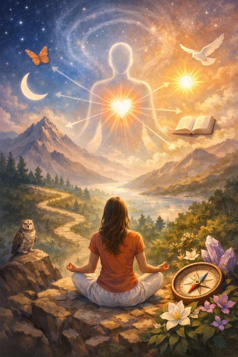 Illustration spirituelle sur le thème de la guidance intérieure : femme en méditation devant un paysage mystique, avec symboles célestes, boussole et lumière du cœur, représentant l’intuition et le chemin de vie.