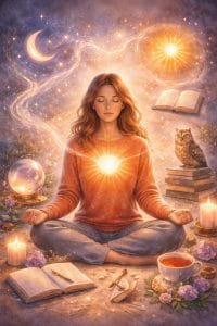 Illustration d’une femme méditant dans un univers mystique, entourée de livres, cristaux, bougies et symboles spirituels, représentant le développement de l’intuition et la guidance intérieure.