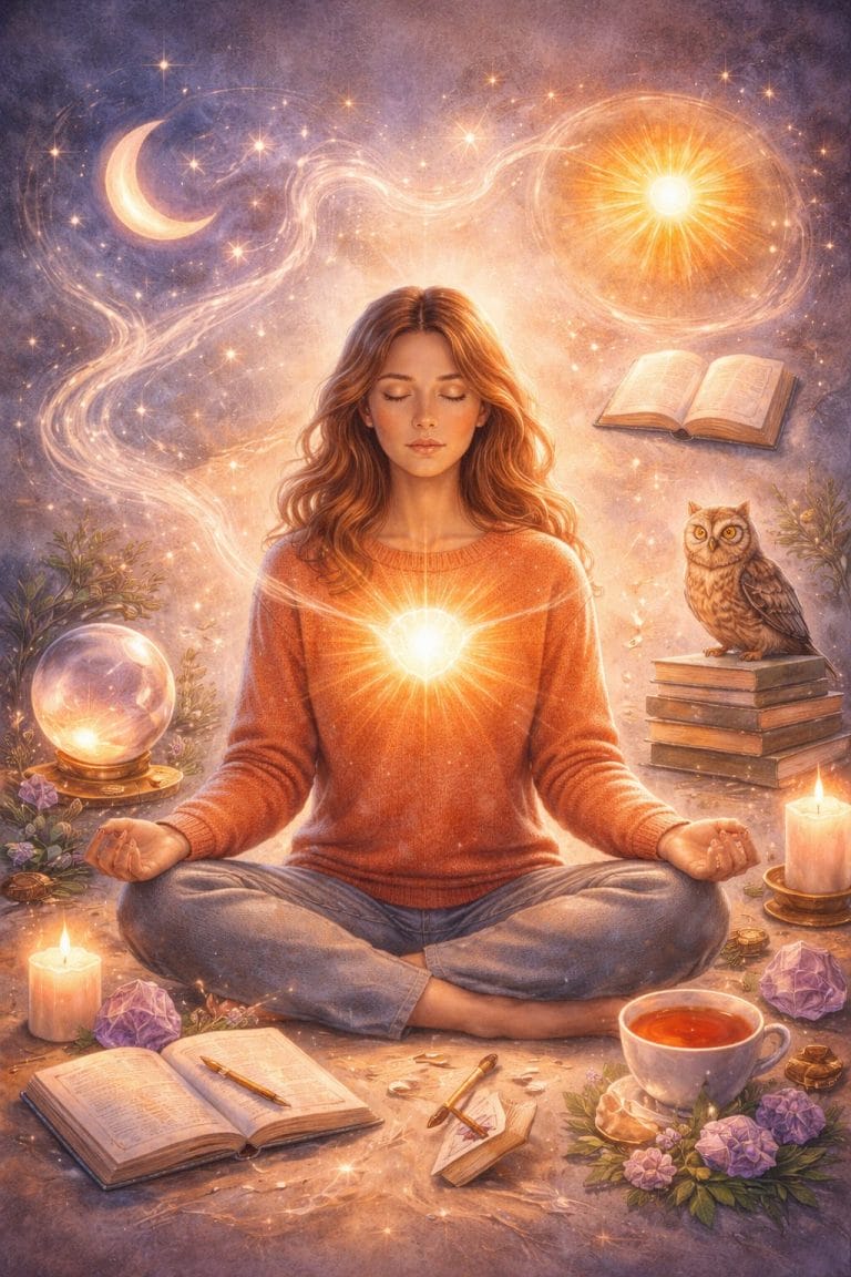 Illustration d’une femme méditant dans un univers mystique, entourée de livres, cristaux, bougies et symboles spirituels, représentant le développement de l’intuition et la guidance intérieure.