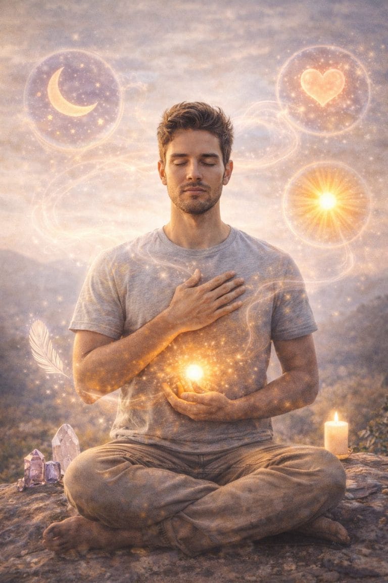 Homme en méditation avec lumière au niveau du cœur, illustrant la clairsentience, la perception des énergies et la sensibilité intuitive en environnement naturel.