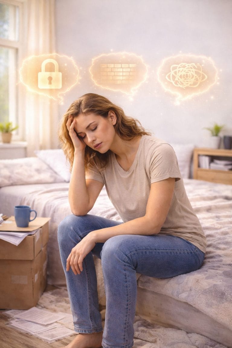 Femme réfléchissant dans une chambre lumineuse avec des symboles de blocages mentaux et émotionnels, représentant une période de stagnation et de questionnement personnel.