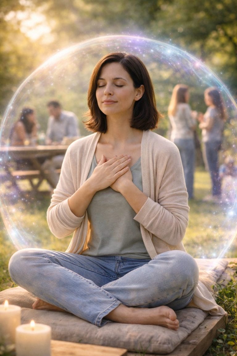 Femme brune aux cheveux au carré méditant en plein air, entourée d’une bulle lumineuse protectrice, illustrant la protection des énergies extérieures tout en restant ouverte aux autres.