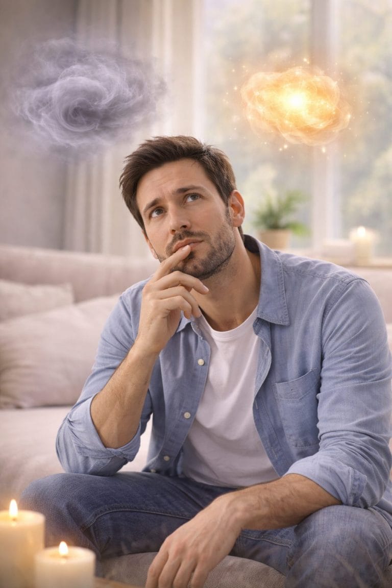 Homme pensif assis dans un intérieur lumineux, regardant vers le haut avec des représentations d’énergie et de fatigue autour de lui, illustrant le questionnement entre fatigue émotionnelle et énergétique.