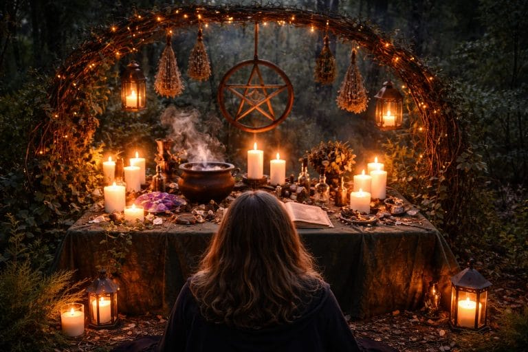 Autel de rituel wiccan en extérieur avec bougies, cristaux, livre de magie et symbole du pentacle, représentant la pratique du wiccanisme en lien avec la nature.