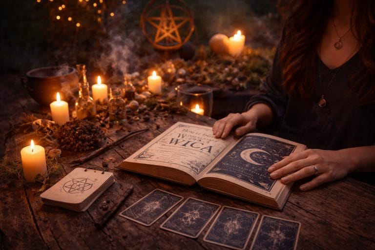 Table de rituel wiccan avec livre ouvert, cartes, bougies et herbes, représentant l’apprentissage et les bases pour débuter en wicca sans se perdre.