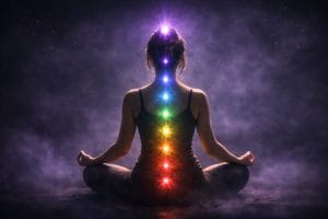 Femme vue de dos en position de méditation lotus, colonne vertébrale illuminée avec les 7 chakras alignés du rouge au violet, sur fond sombre mystique avec brume violette et légères étoiles, ambiance éthérée et cinématographique.