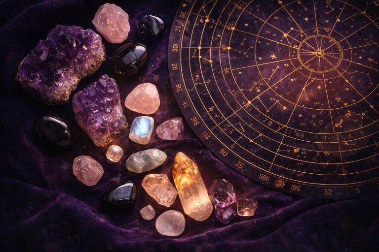 Vue de dessus en flat lay sur un tissu velours violet sombre : roue astrologique partiellement visible entourée de cristaux naturels (améthyste, quartz rose, obsidienne, citrine, pierre de lune) disposés en cercle, éclairage doux doré et violet, ambiance mystique et élégante.