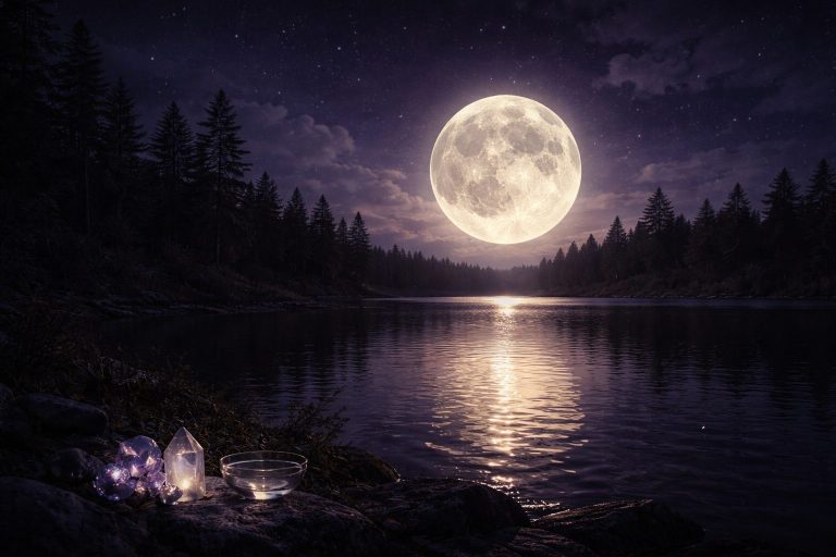 Paysage nocturne mystique avec une pleine lune lumineuse se reflétant sur un lac calme, entouré de silhouettes d’arbres, avec quelques cristaux et un bol en verre au premier plan baignés de lumière argentée.
