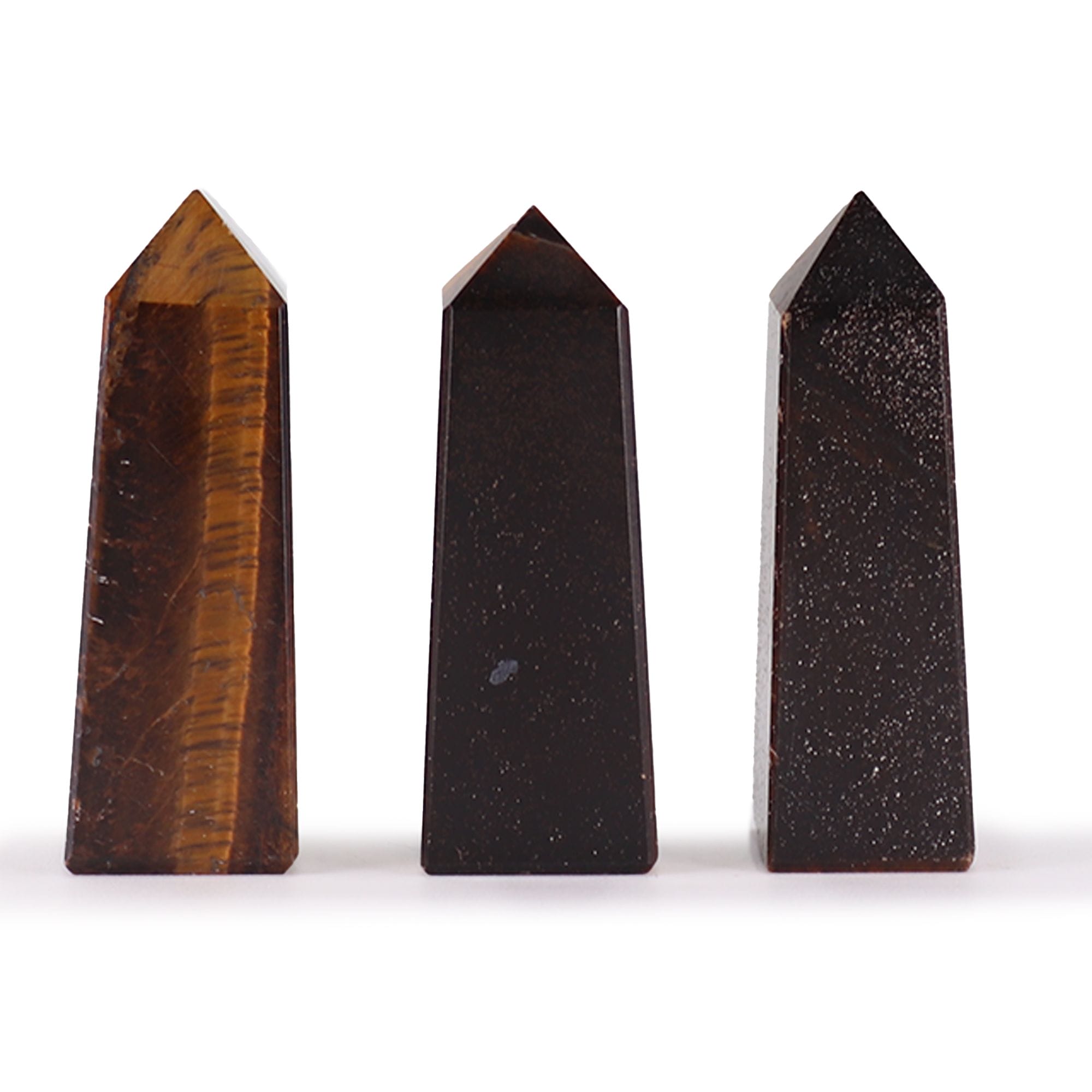 Pointes obélisques en œil de tigre naturel poli, environ 5 cm, aux reflets brun doré chatoyants — Lumen Arca