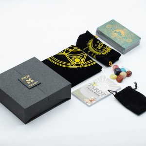 coffret tarot luxe or et turquoise avec 78 cartes, livret et accessoires pour tirages de tarot et divination