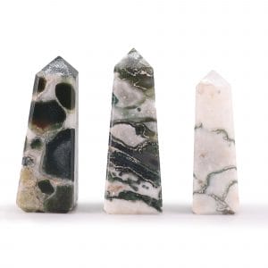 Trois pointes obélisques en agate mousse naturelle polie aux motifs verts et blancs uniques, environ 5 cm — Lumen Arca