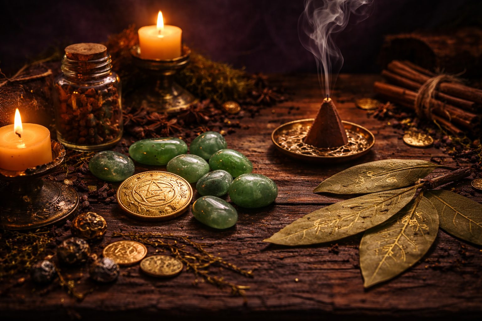 Autel de prospérité illuminé par des bougies — rituel d'abondance — Lumen Arca