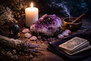 Photographie en format large d’un autel spirituel sur une surface en bois sombre, éclairé par une bougie blanche allumée. Au centre, un amas d’améthyste brute entouré de pierres de quartz rose. On voit aussi une sphère d’obsidienne sur un support en bois, un bol chantant avec son maillet, un fagot de sauge séchée, des fleurs séchées blanches et de la lavande. Des cartes de tarot sont posées face cachée sur un tissu en velours noir. Une fine fumée d’encens s’élève dans une ambiance mystique, chaleureuse et sacrée, mêlant lumière dorée et reflets bleu nuit.