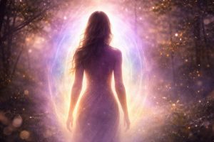 Silhouette d’une femme vue de dos dans une clairière brumeuse, baignée par une lumière dorée au coucher du soleil. Autour de son corps, une aura lumineuse en dégradé de violet, bleu indigo, or et blanc rayonne doucement, se fondant dans l’atmosphère. L’arrière-plan montre une forêt floutée avec des particules lumineuses et un effet bokeh, créant une ambiance mystique, spirituelle et apaisante.