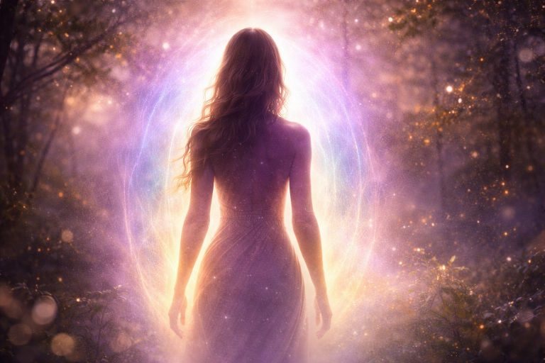 Silhouette d’une femme vue de dos dans une clairière brumeuse, baignée par une lumière dorée au coucher du soleil. Autour de son corps, une aura lumineuse en dégradé de violet, bleu indigo, or et blanc rayonne doucement, se fondant dans l’atmosphère. L’arrière-plan montre une forêt floutée avec des particules lumineuses et un effet bokeh, créant une ambiance mystique, spirituelle et apaisante.