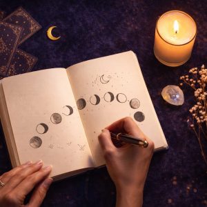 Flat lay mystique sur velours bleu nuit : journal ouvert avec phases lunaires dessinées à la main, cartes de tarot face cachée, bougie blanche allumée, pierre de lune, fleurs séchées et pendentif lune doré, éclairage doux et ambiance spirituelle élégante.