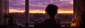 Femme vue de dos assise face à une fenêtre, regardant un ciel crépusculaire violet et doré, ambiance calme, mélancolique et apaisante dans une lumière intérieure tamisée.