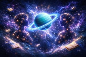 Illustration numérique surréaliste au format large : une planète bleu électrique entourée d’anneaux lumineux au centre d’un espace cosmique profond, traversé d’éclairs et de fractales lumineuses. De chaque côté, deux silhouettes de profils se font face, formées par des constellations d’étoiles dorées, évoquant le signe des Gémeaux. Autour flottent des livres ouverts, des cartes et des fragments lumineux se dissolvant en poussière d’étoiles. Atmosphère électrique, mystique et cérébrale, aux teintes bleu, violet et or.
