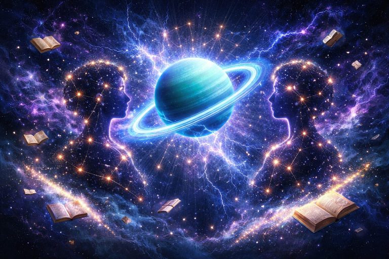 Illustration numérique surréaliste au format large : une planète bleu électrique entourée d’anneaux lumineux au centre d’un espace cosmique profond, traversé d’éclairs et de fractales lumineuses. De chaque côté, deux silhouettes de profils se font face, formées par des constellations d’étoiles dorées, évoquant le signe des Gémeaux. Autour flottent des livres ouverts, des cartes et des fragments lumineux se dissolvant en poussière d’étoiles. Atmosphère électrique, mystique et cérébrale, aux teintes bleu, violet et or.