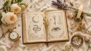 Carnet ancien ouvert avec dessins symboliques (lune, serpent, vagues, clé, œil) posé sur un tissu crème, entouré de roses blanches, cristaux, montre à gousset dorée, fleurs séchées et bougie, dans une lumière douce et lumineuse.