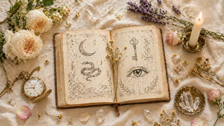 Carnet ancien ouvert avec dessins symboliques (lune, serpent, vagues, clé, œil) posé sur un tissu crème, entouré de roses blanches, cristaux, montre à gousset dorée, fleurs séchées et bougie, dans une lumière douce et lumineuse.