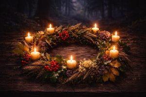 Couronne circulaire de plantes saisonnières (feuilles de chêne, blé, houx, fleurs de sureau, baies rouges) posée sur bois ancien, entourée de huit bougies en cire d’abeille allumées, ambiance nocturne mystique avec forêt floue en arrière-plan.