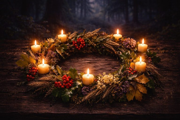 Couronne circulaire de plantes saisonnières (feuilles de chêne, blé, houx, fleurs de sureau, baies rouges) posée sur bois ancien, entourée de huit bougies en cire d’abeille allumées, ambiance nocturne mystique avec forêt floue en arrière-plan.